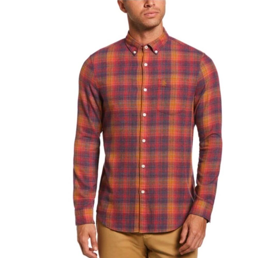 Penguin Plaid Flannel Long Sleeve Shirt, Red‎ Blue Yellow size Small